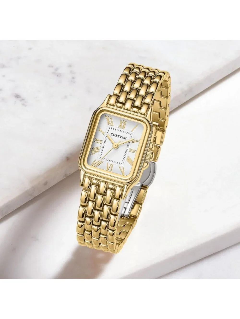Vintage Cheetah Gold Watch for Women, 26mm Rectangular Case, Waterproof, Metal